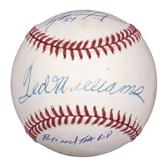Ted Williams and David Ortiz Dual Signed OAL Brown Baseball with Inscription by Ortiz (MLB Auth & JSA)